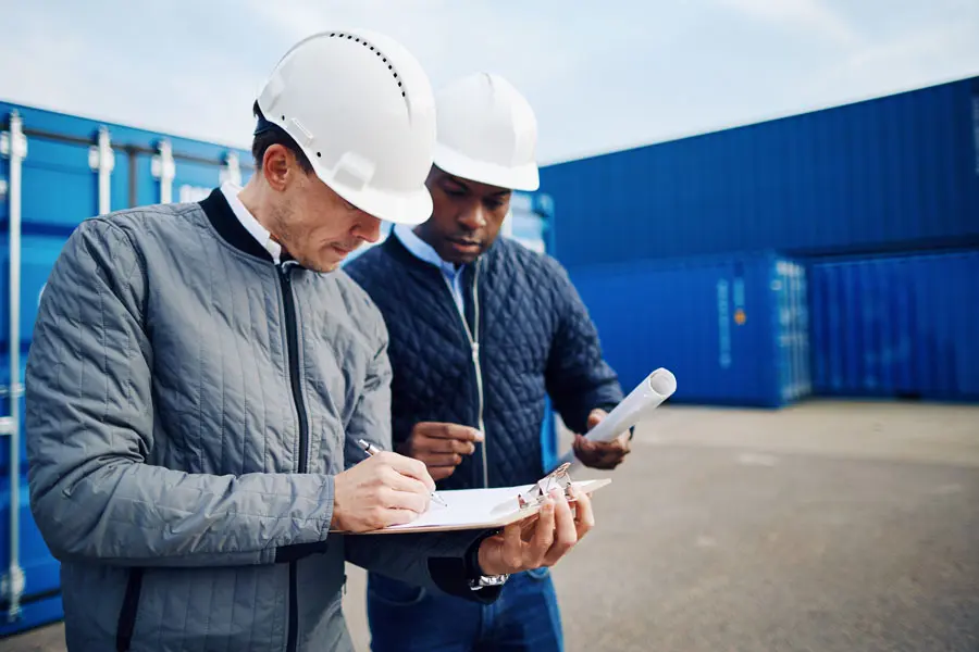 a manager is double checking employee work at a shipping yard 